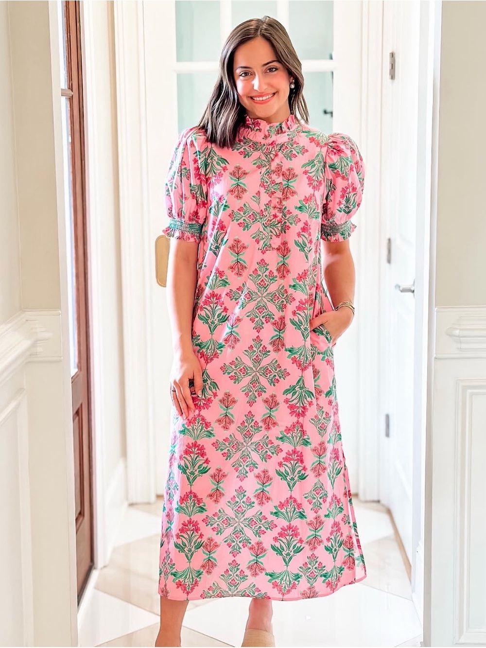 Entro Pink Floral Ruffle Collar Puff Sleeve Midi Dress, Size 1X